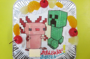 マインクラフト、ウーパールーパーとクリーパーのケーキ