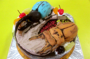 ヘラクレスリッキーブルーとオウゴンオニクワガタ立体ケーキ